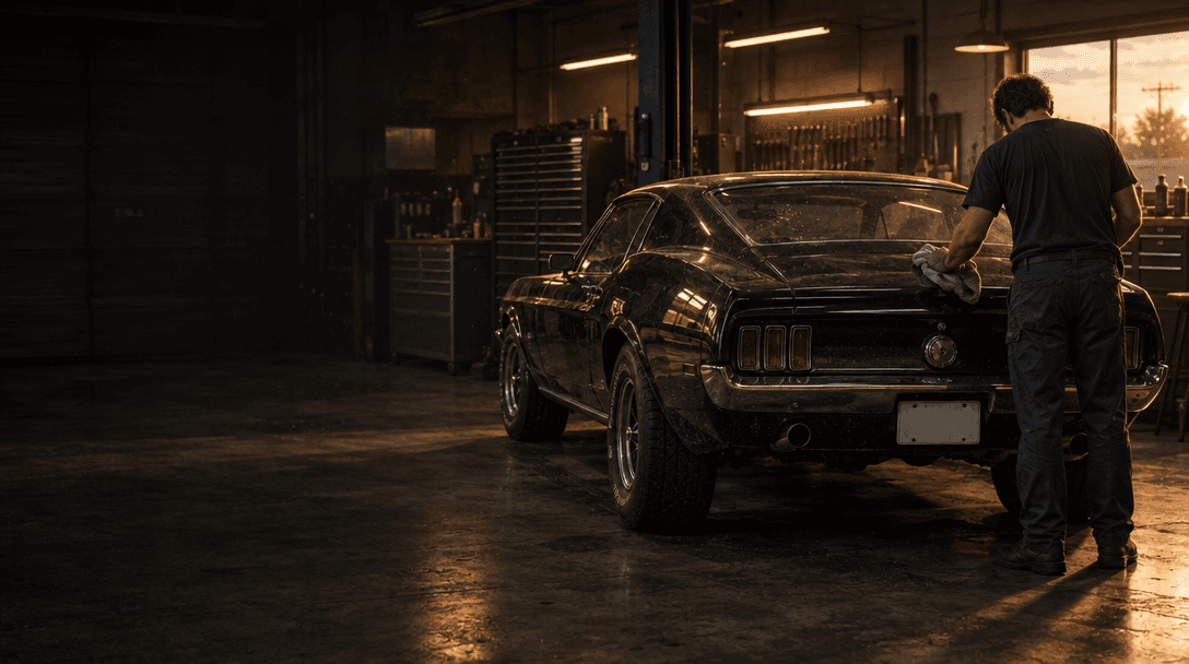 A person wipes down a dark classic car inside a working garage.